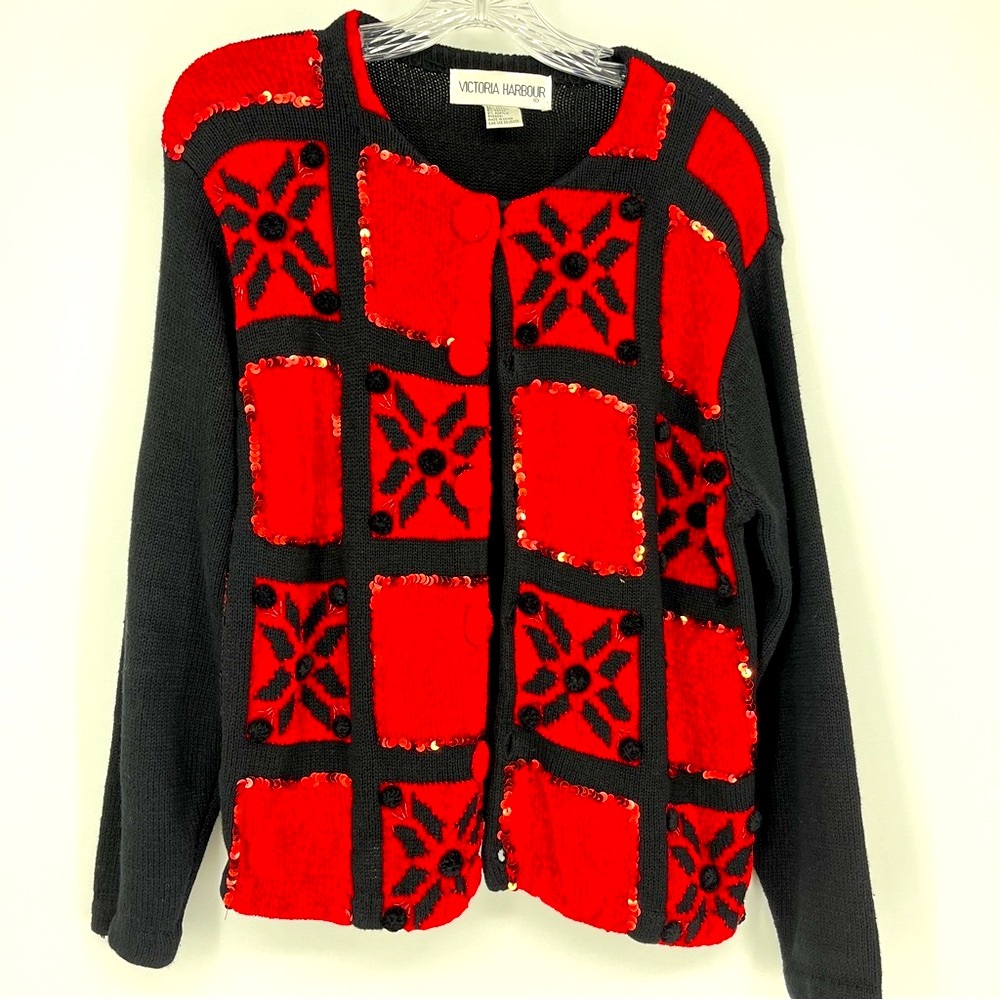 Victoria Harbor Vintage Sweater Size Small Christmas Grandma Red Black Sequins